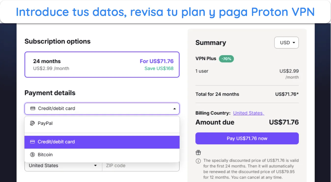Imagen del sitio web de Proton VPN que muestra la revisión de la suscripción y las opciones de pago.