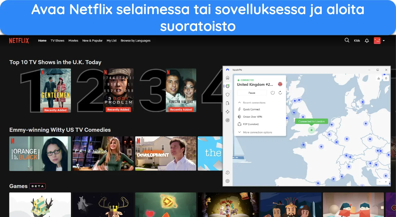 Kuva Netflix UK:sta selainikkunassa, jossa NordVPN on yhdistetty Lontoon ja Yhdistyneen kuningaskunnan palvelimeen.