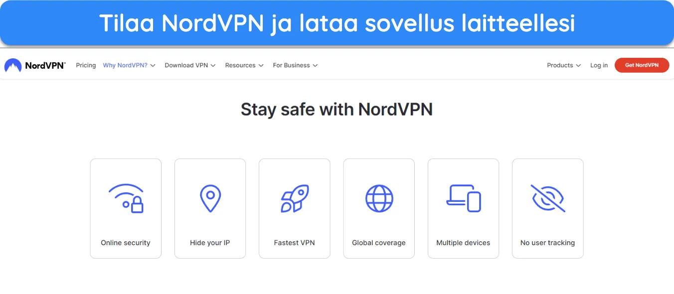 Kuvakaappaus NordVPN-verkkosivuston kotisivulta.