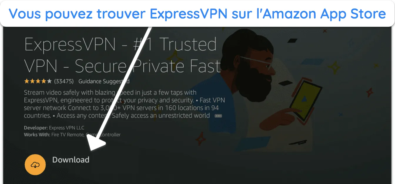 Capture d'&eacute;cran montrant comment trouver l'application ExpressVPN sur Amazon App Store et la t&eacute;l&eacute;charger sur un Fire Stick.