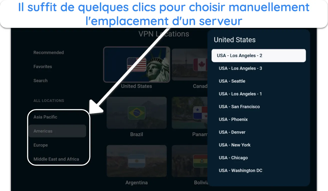 Capture d'&eacute;cran montrant comment s&eacute;lectionner un serveur sur l'application Fire Stick d'ExpressVPN.