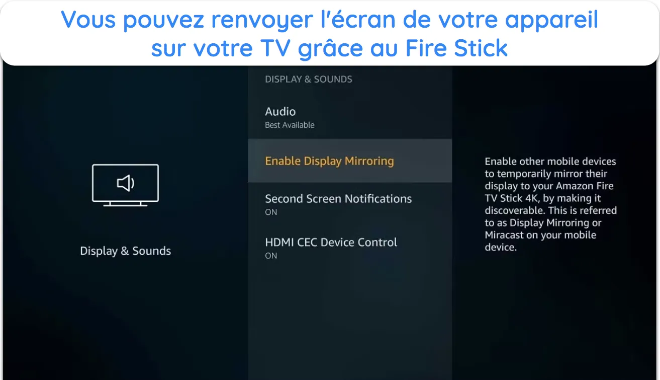 Capture d'&eacute;cran montrant comment activer la mise en miroir de l'affichage sur Amazon Fire Stick.
