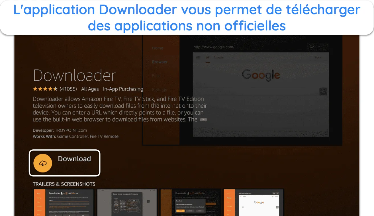 Capture d'&eacute;cran de l'application Downloader sur l'Amazon App Store.