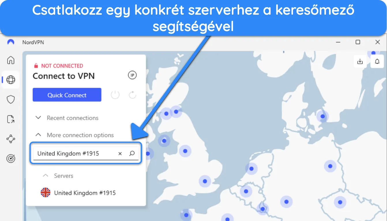a NordVPN Windows-alkalmazásának képe, amely a szerver keresési funkcióját mutatja.