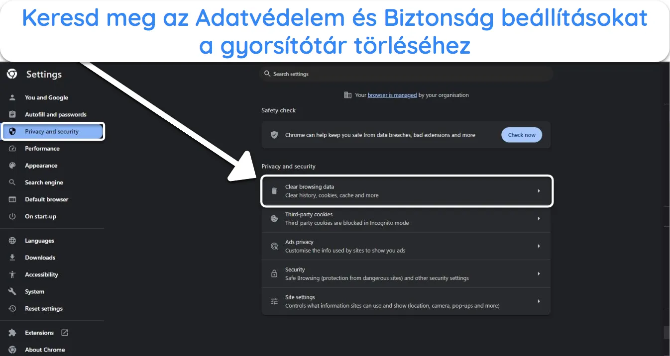 a Chrome böngésző adatvédelmi és biztonsági beállításainak képe, kiemelve a „böngészési adatok törlése” opciót.