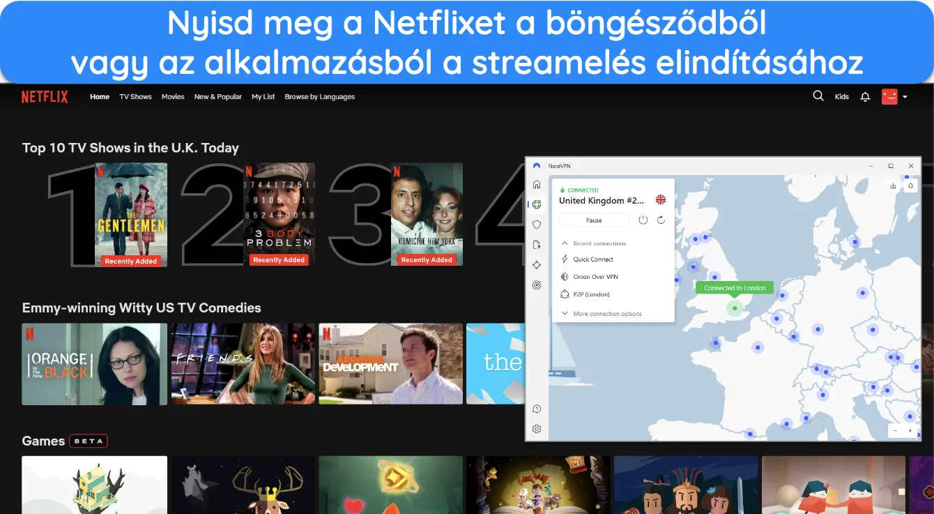 A Netflix UK képe egy böngészőablakban, ahol a NordVPN csatlakozik egy London-UK szerverhez.