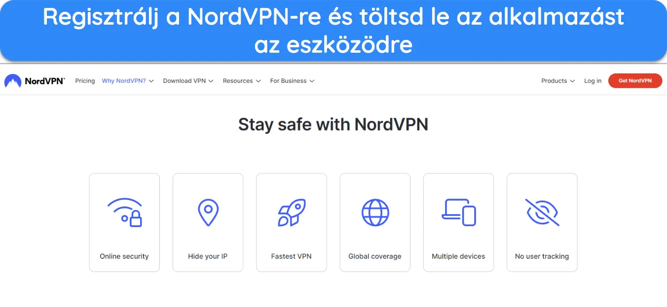Képernyőkép a NordVPN webhely kezdőlapjáról.