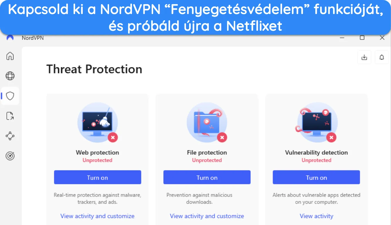 a NordVPN Windows-alkalmazásának képe, amely a fenyegetés elleni védelem funkciót mutatja.