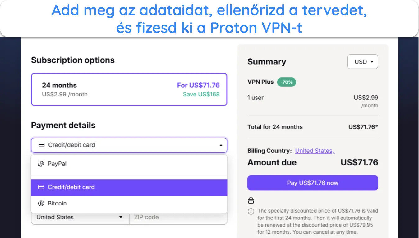 Kép a Proton VPN webhelyéről, amelyen az előfizetés áttekintése és a fizetési lehetőségek láthatók.