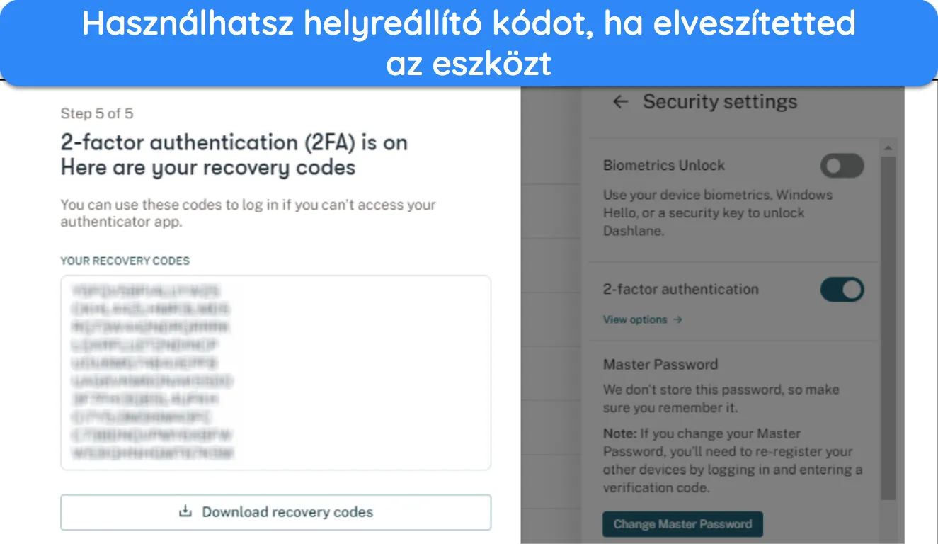 K&eacute;pernyők&eacute;p a helyre&aacute;ll&iacute;t&aacute;si k&oacute;dr&oacute;l a Dashlane k&eacute;tfaktoros hiteles&iacute;t&eacute;s&eacute;nek be&aacute;ll&iacute;t&aacute;sa k&ouml;zben.