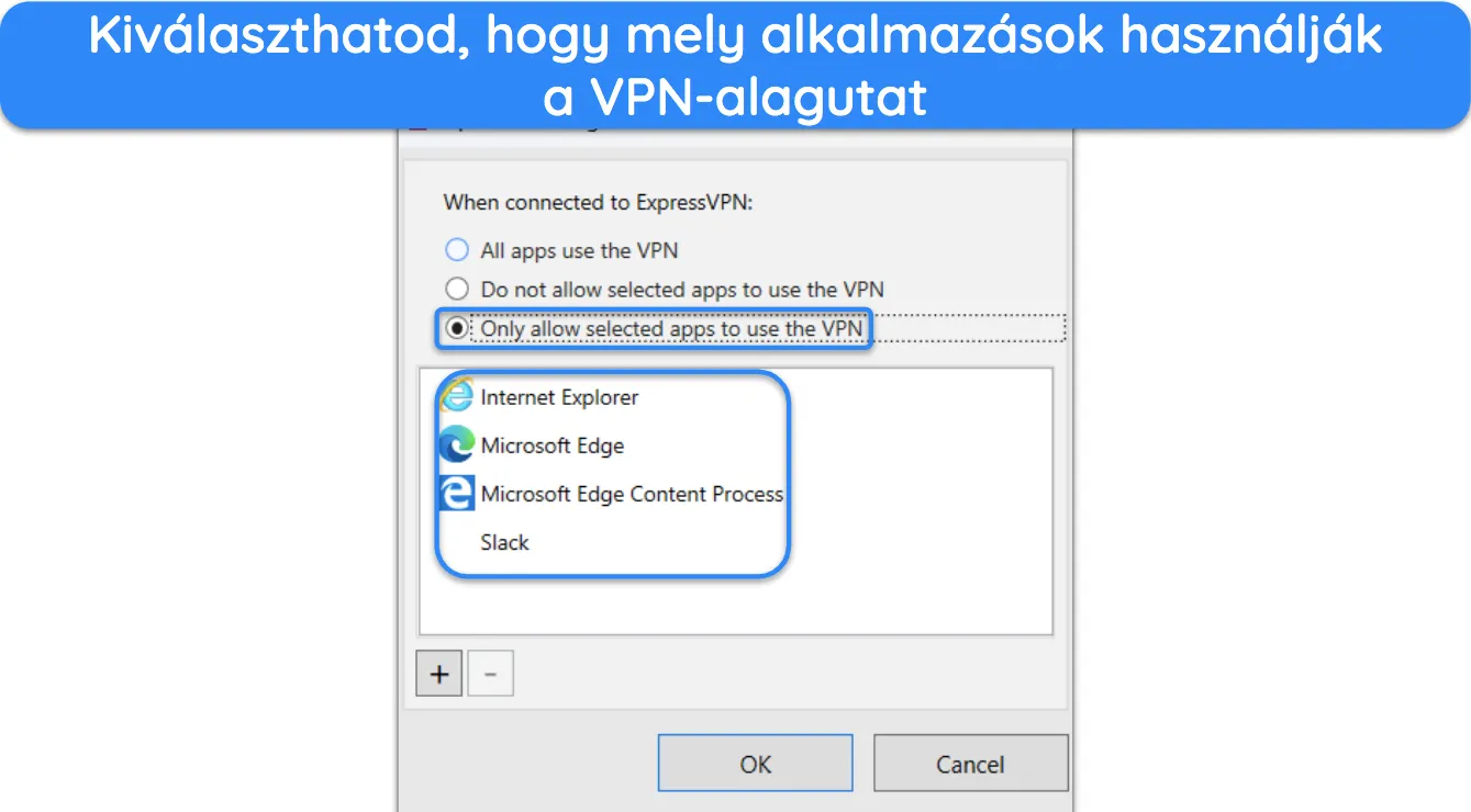 Képernyőkép, amely bemutatja az inverz osztott alagút használatát az ExpressVPN-ben.