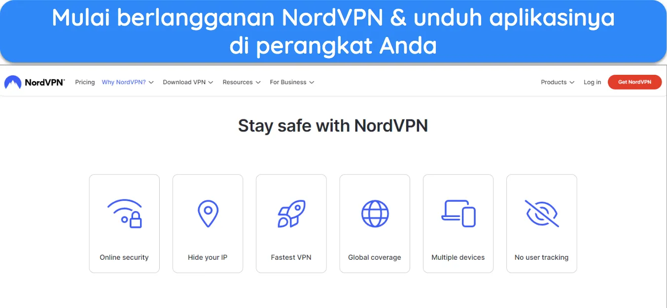 Cuplikan layar beranda situs web NordVPN.