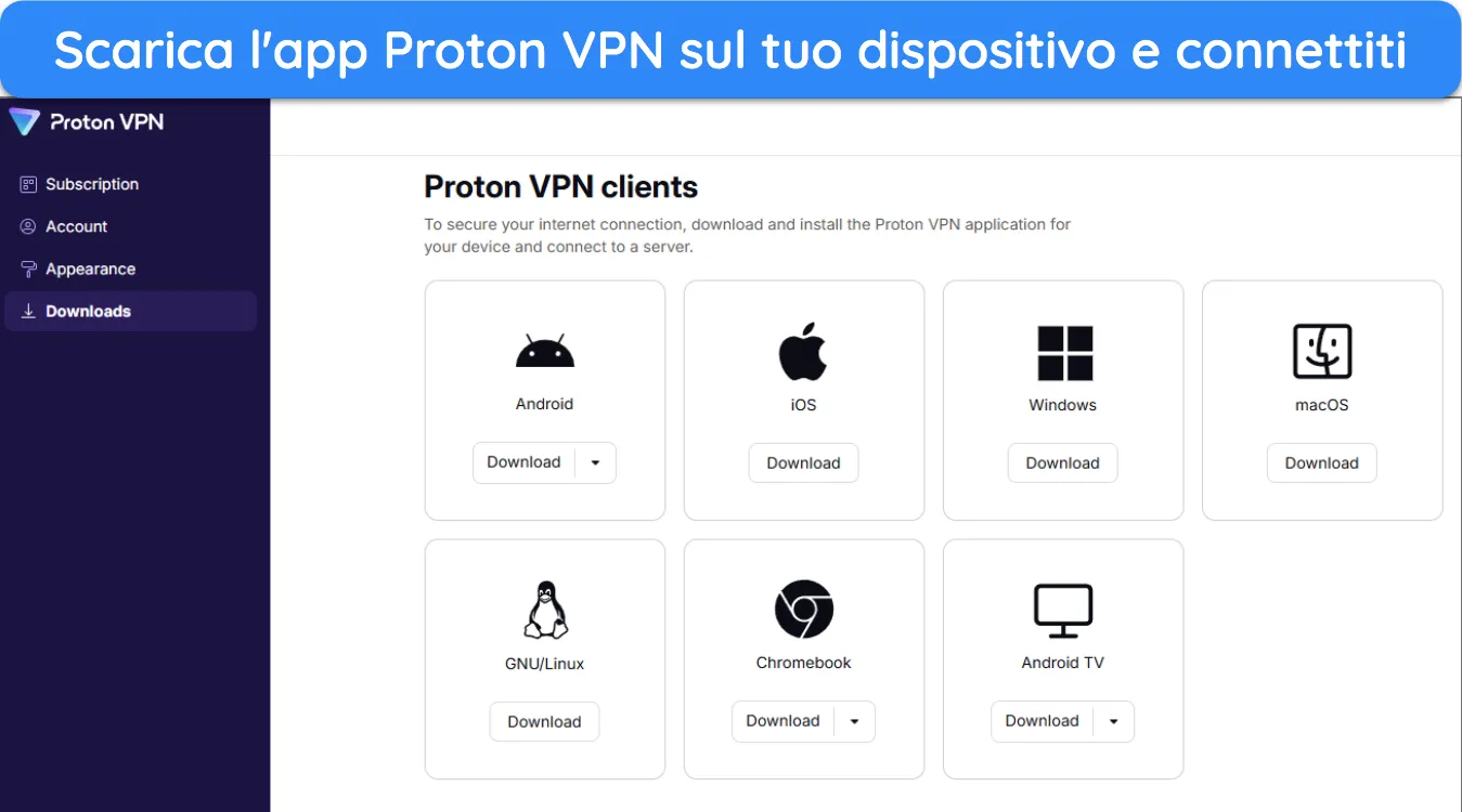 immagine della pagina dell'account Proton VPN che mostra le app disponibili da scaricare su diversi dispositivi.