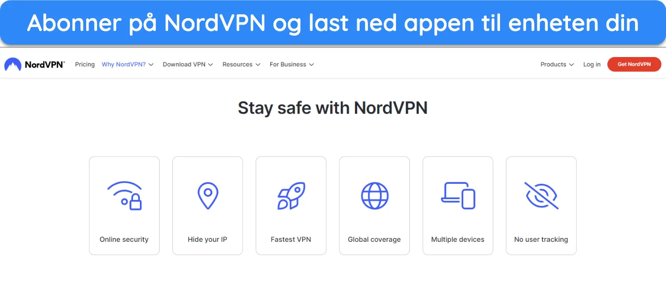 Skjermbilde av hjemmesiden til NordVPNs hjemmeside.