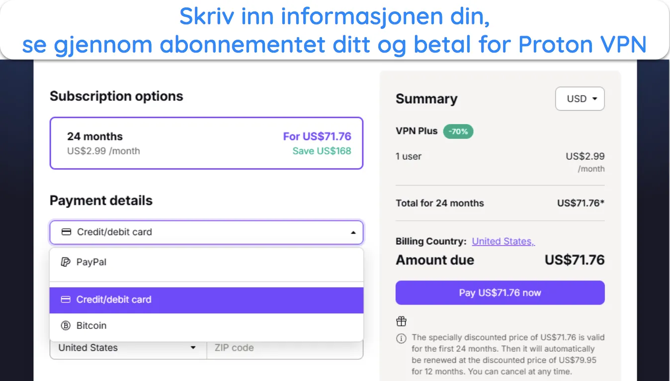 bilde av Proton VPNs nettsted som viser abonnementsgjennomgang og betalingsalternativer.