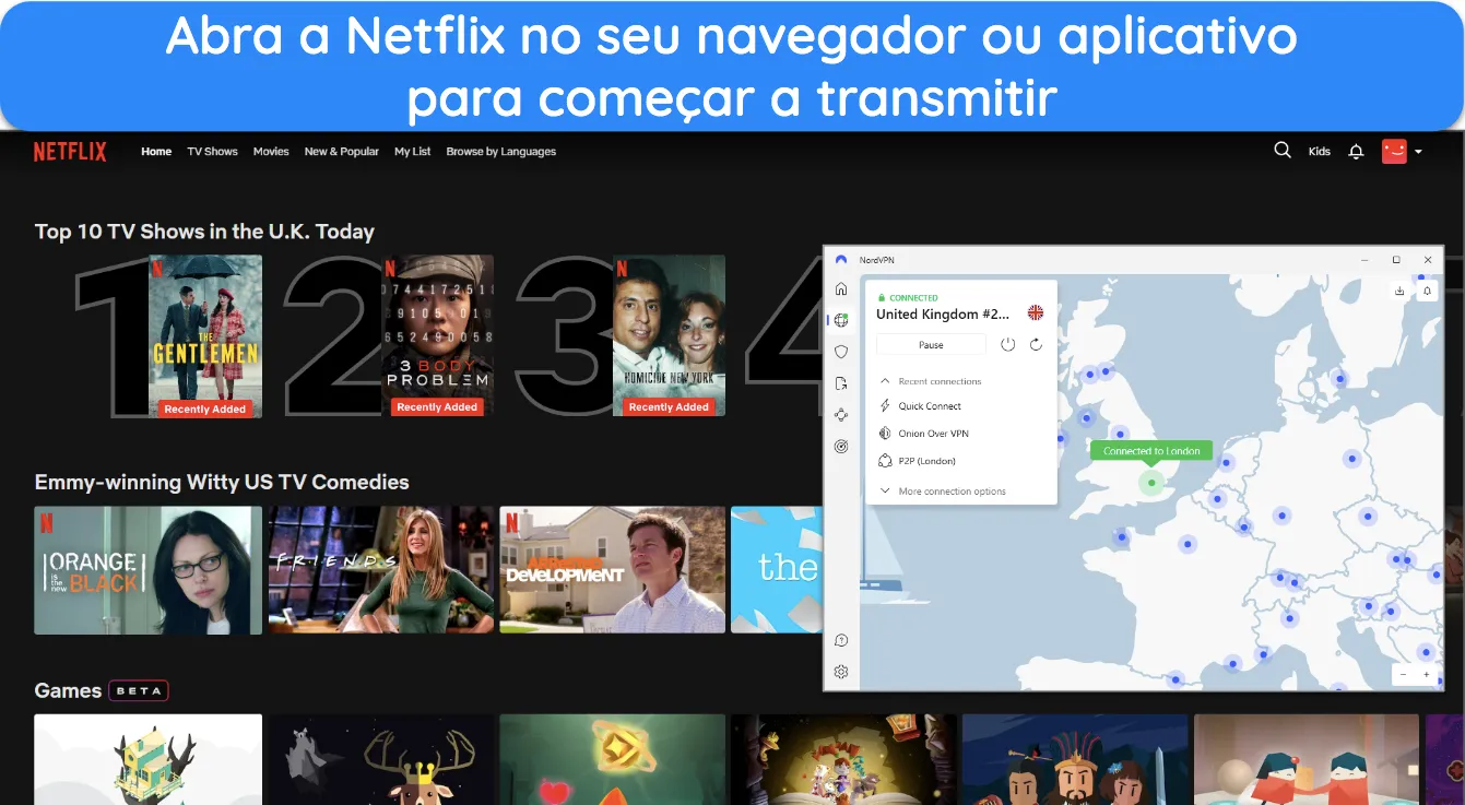 Imagem da Netflix UK em uma janela do navegador com a NordVPN conectada a um servidor Londres-Reino Unido.
