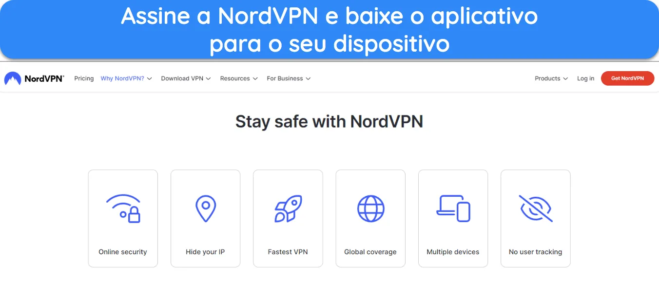 Captura de tela da p&aacute;gina inicial do site da NordVPN.