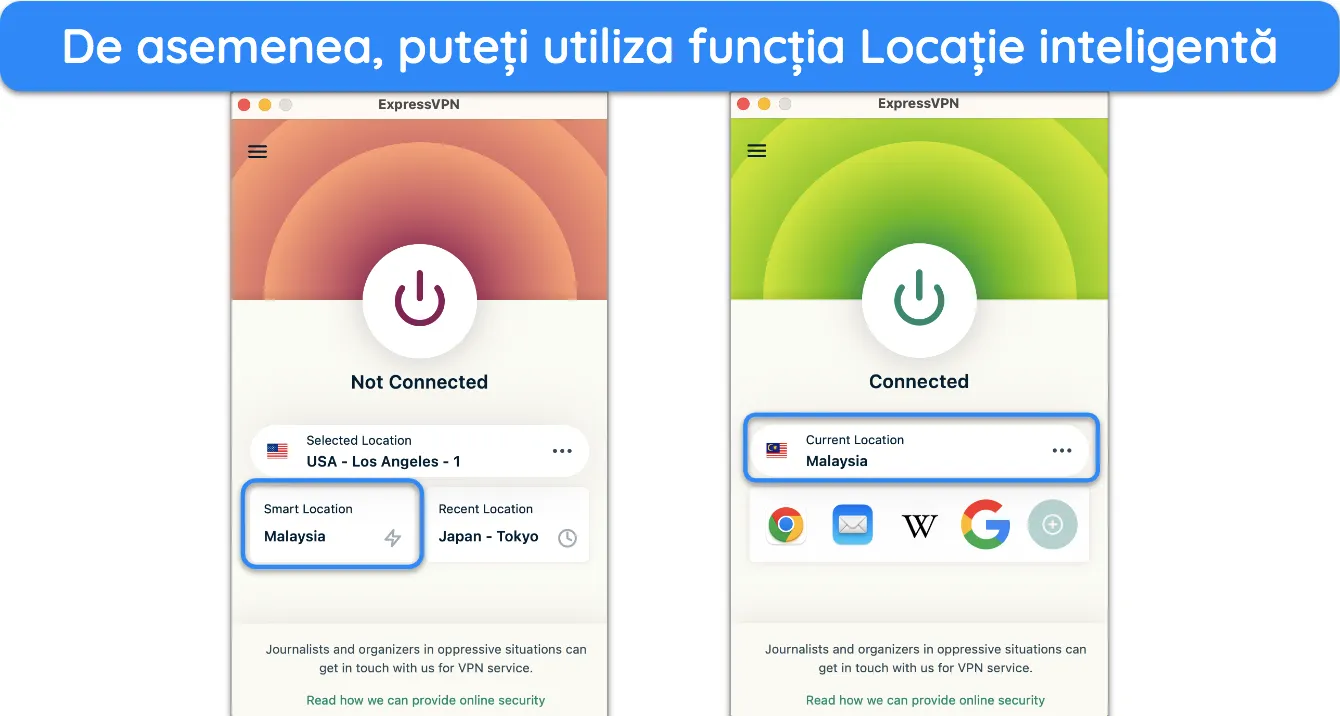 Captură de ecran pentru funcția de locație inteligentă ExpressVPN.
