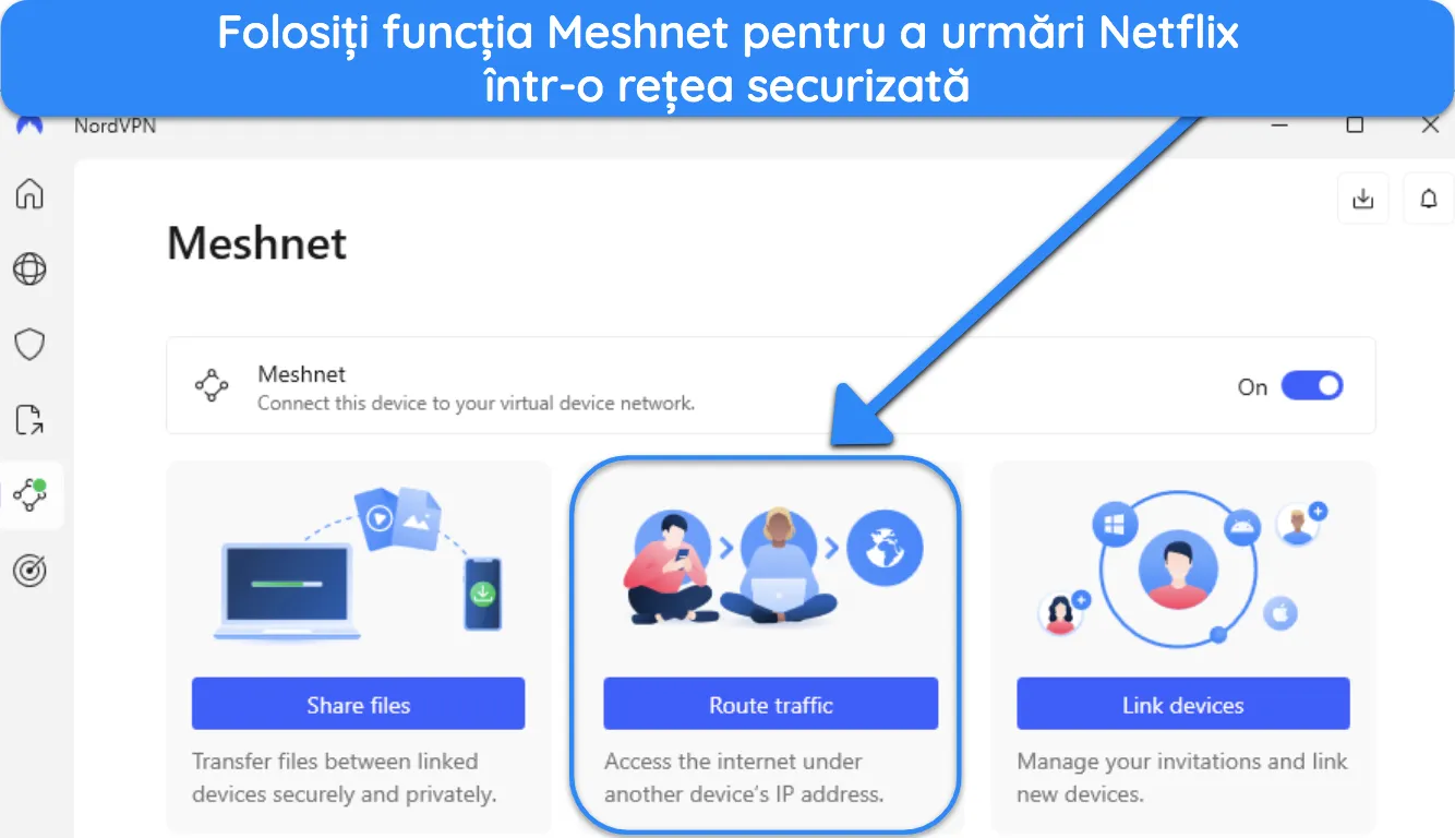 imagine a aplicației Windows NordVPN, care arată caracteristica Meshnet.