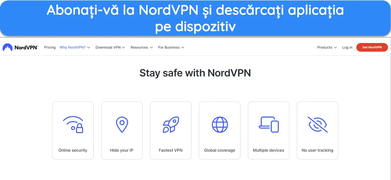 Captură de ecran a paginii de pornire a site-ului NordVPN.