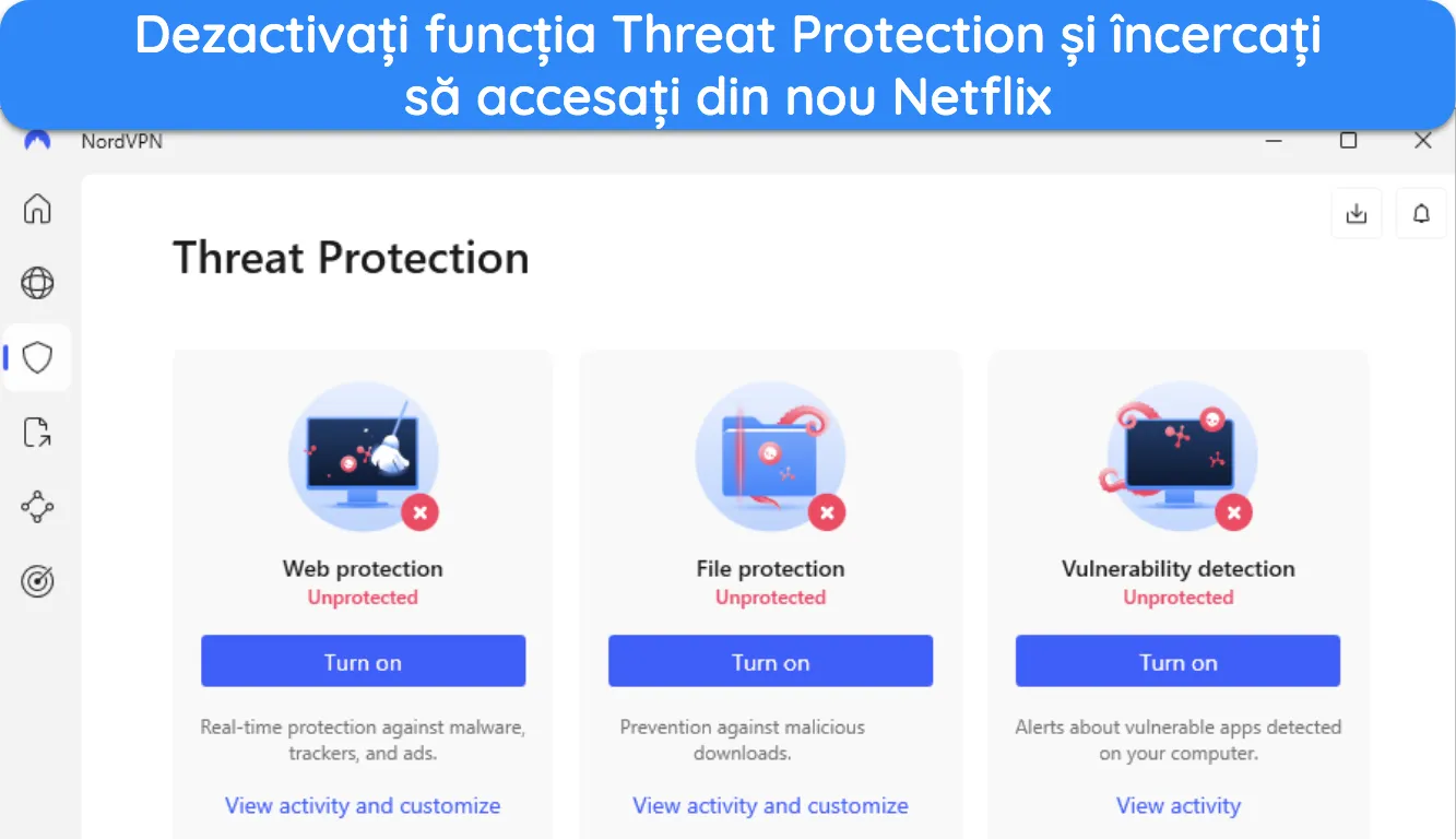 imagine a aplicației Windows NordVPN care arată caracteristica de protecție împotriva amenințărilor.