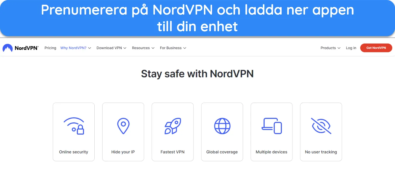 Skärmdump av NordVPNs hemsida hemsida.