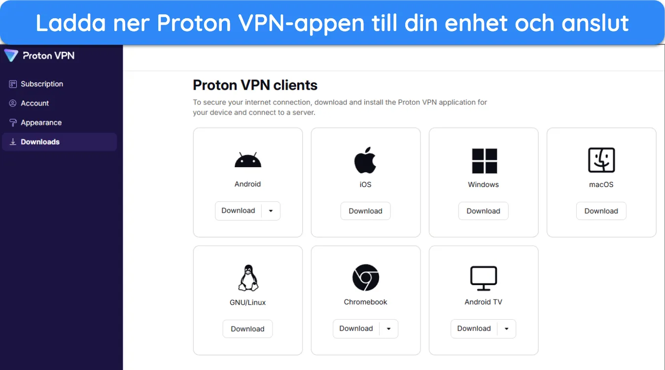 bild av Proton VPN-kontosidan som visar tillgängliga appar att ladda ner till olika enheter.