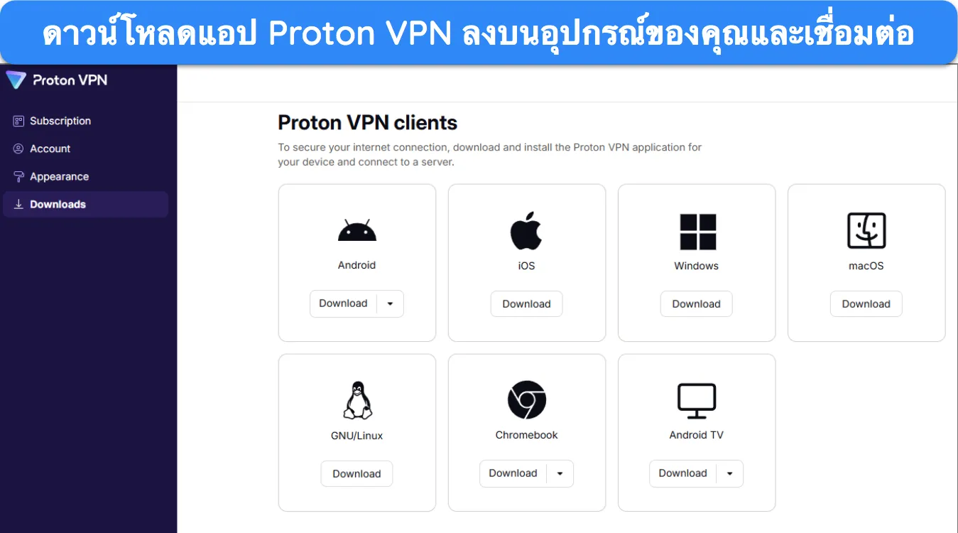 ภาพหน้าบัญชี Proton VPN ที่แสดงแอปที่มีให้เลือกดาวน์โหลดไปยังอุปกรณ์ต่างๆ