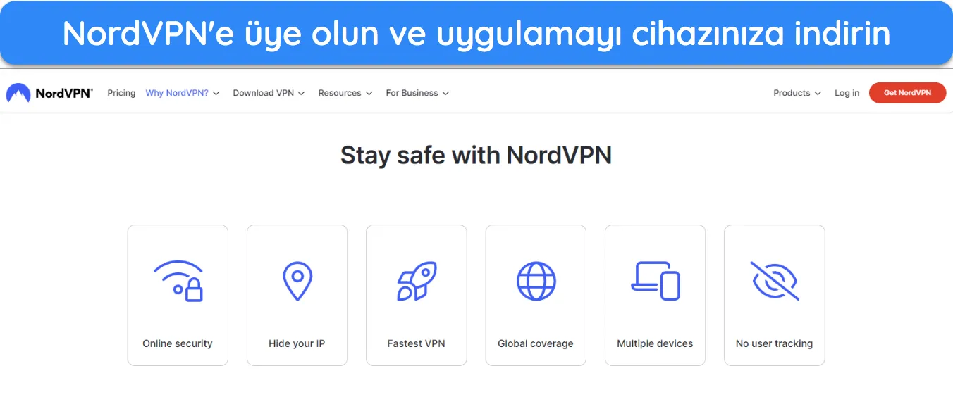 NordVPN'nin web sitesi ana sayfasının ekran g&ouml;r&uuml;nt&uuml;s&uuml;.