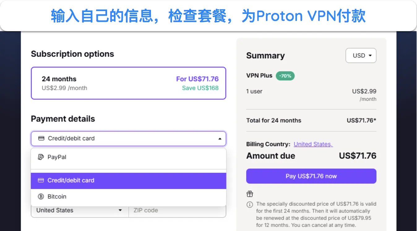 Proton VPN 网站的图片显示了订阅审核和付款选项。