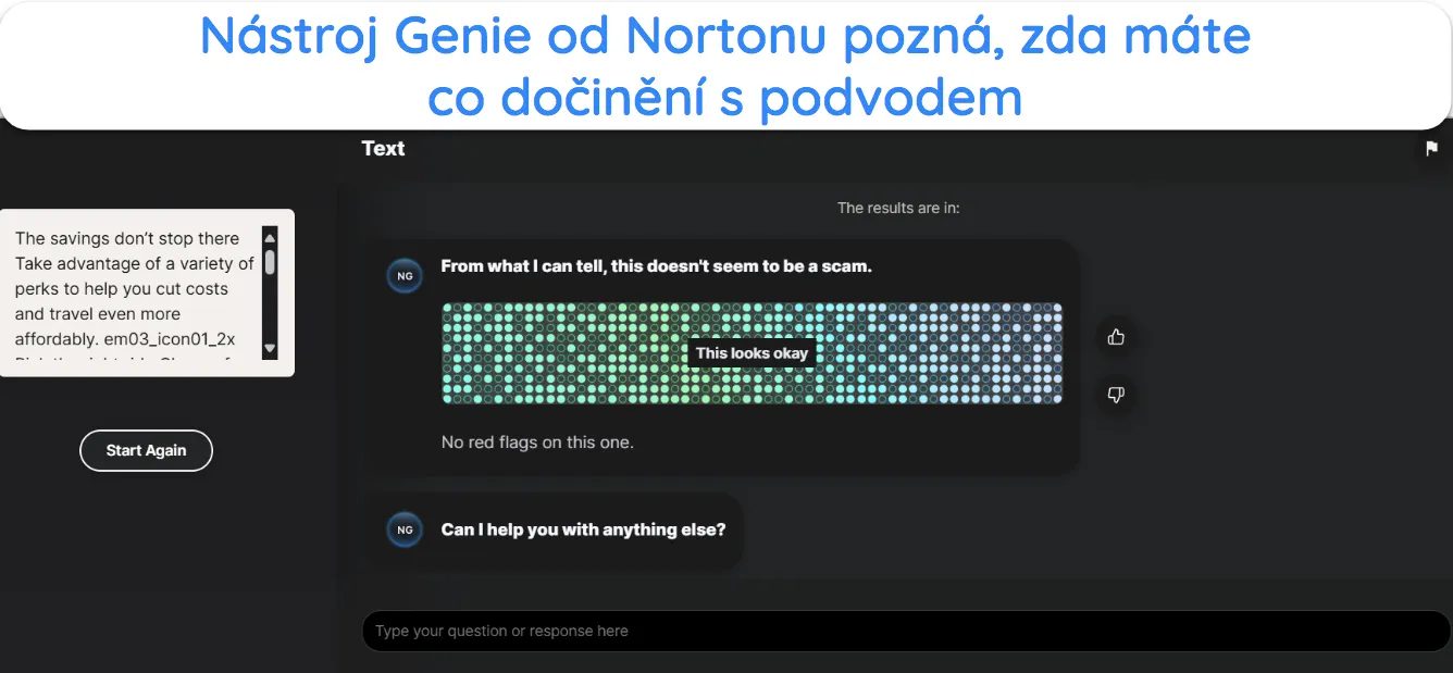Snímek obrazovky aplikace Norton Genie, která kontroluje, zda obsah e-mailu obsahuje podvody