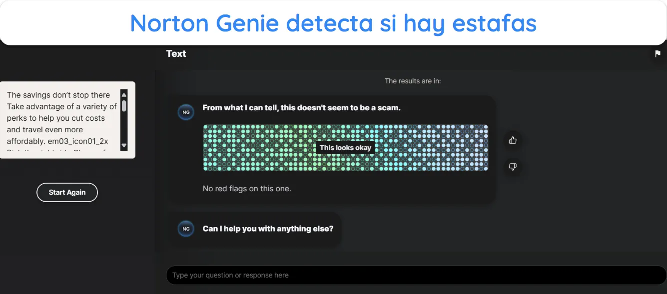 Captura de pantalla de Norton Genie verificando si el contenido de un correo electrónico contiene estafas