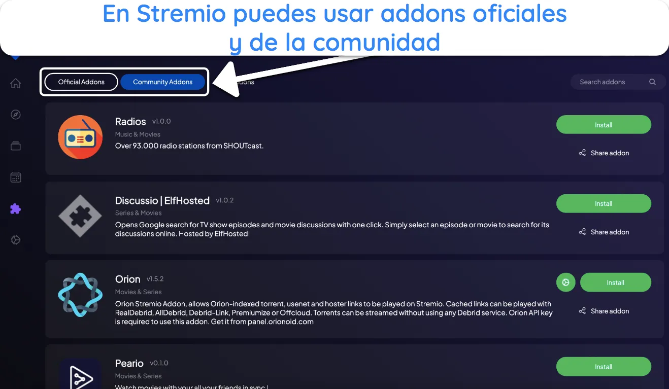 Captura de pantalla de cómo instalar complementos en Stremio.