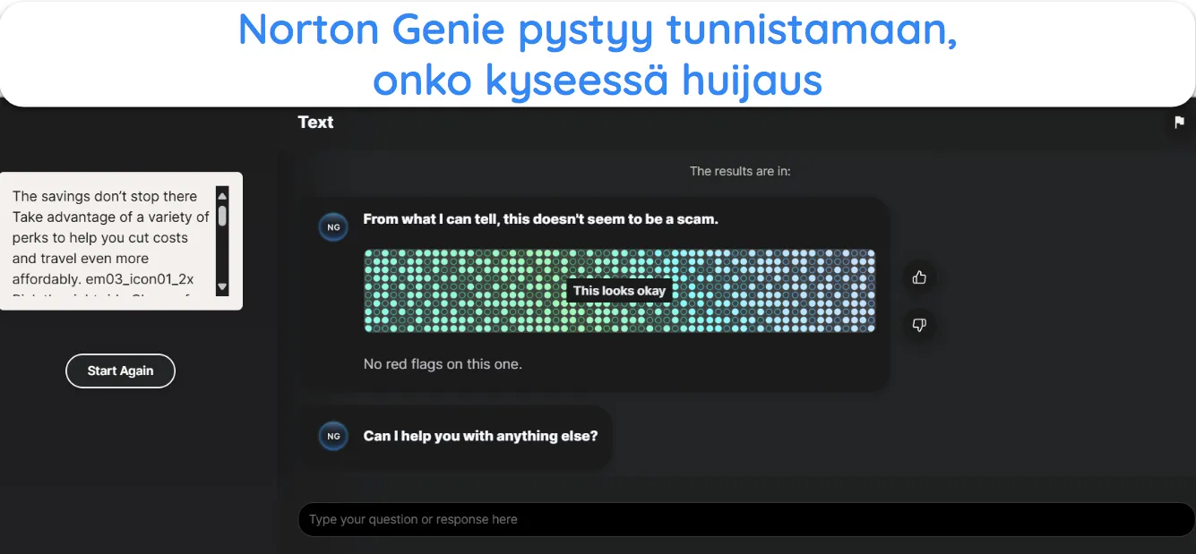 N&auml;ytt&ouml;kaappaus Norton Geniest&auml;, joka tarkistaa, sis&auml;lt&auml;&auml;k&ouml; s&auml;hk&ouml;postin sis&auml;lt&ouml; huijauksia