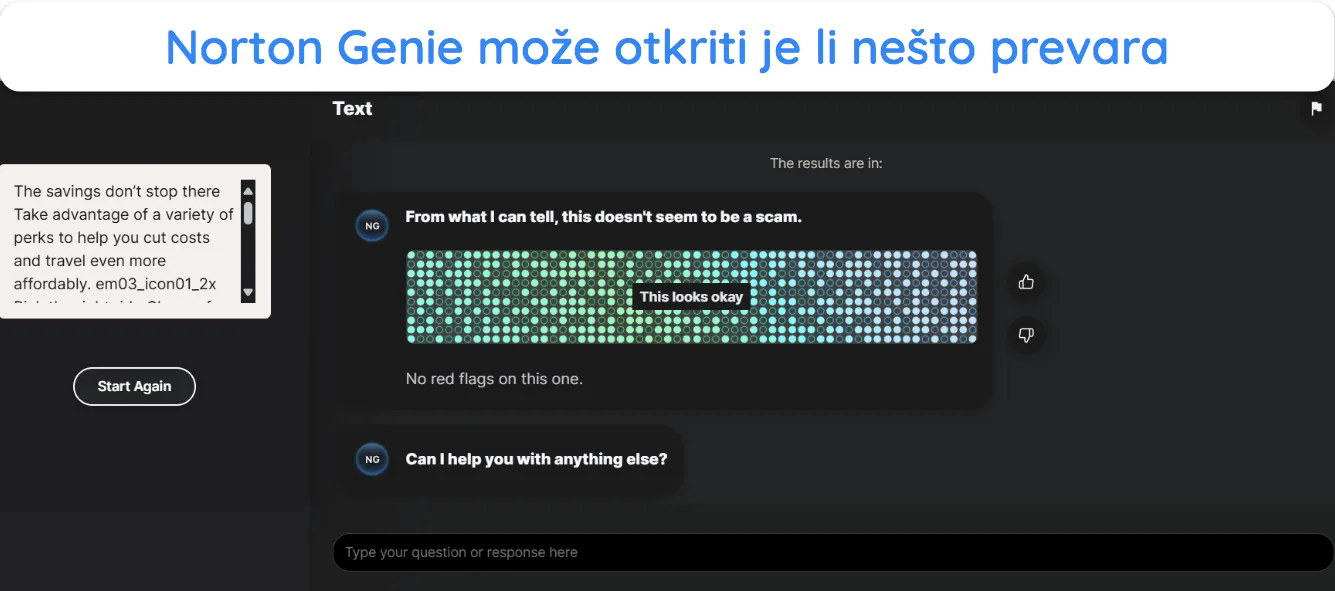 Snimka zaslona na kojoj Norton Genie provjerava sadrži li sadržaj e-pošte prijevare