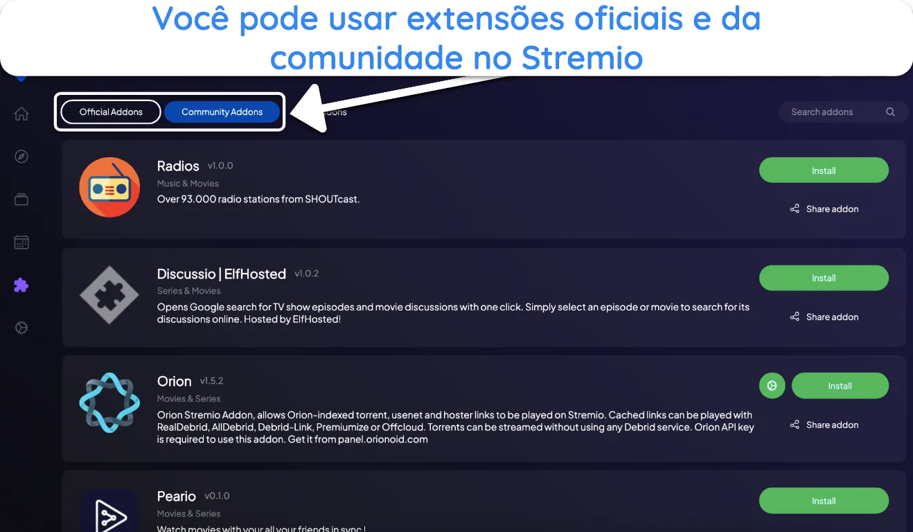 Captura de tela de como instalar addons no Stremio.