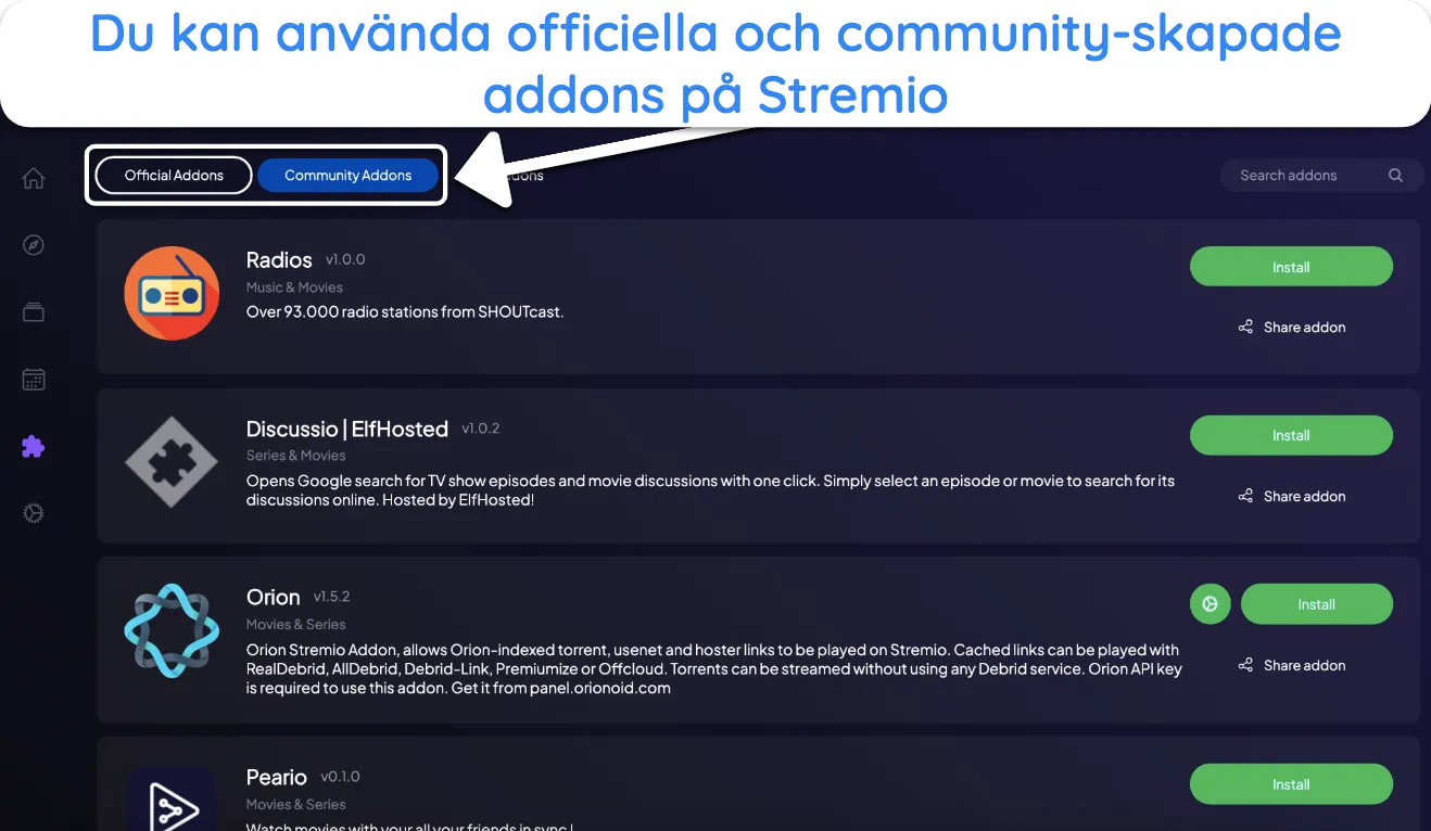 Skärmdump av hur man installerar tillägg på Stremio.