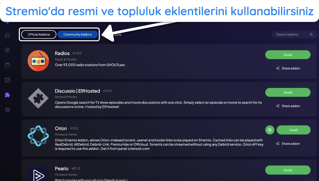 Stremio'ya eklentilerin nasıl kurulacağına dair ekran g&ouml;r&uuml;nt&uuml;s&uuml;.
