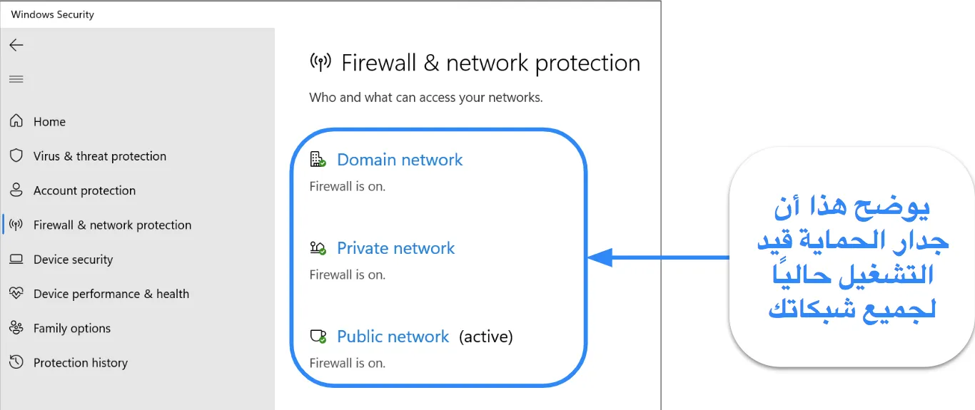 لقطة شاشة لتطبيق Windows Security، تُظهر حالة جدار الحماية وحماية الشبكة.