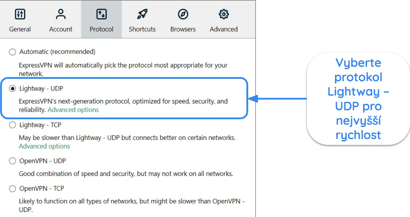 Sn&iacute;mek obrazovky rozhran&iacute; ExpressVPN zobrazuj&iacute;c&iacute; Lightway - vybran&yacute; protokol UDP.
