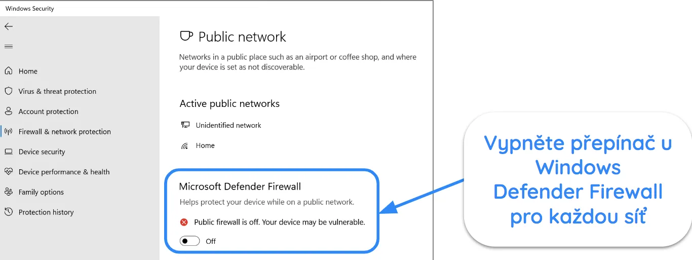 Sn&iacute;mek obrazovky aplikace Zabezpečen&iacute; syst&eacute;mu Windows s vypnutou br&aacute;nou Microsoft Defender Firewall.