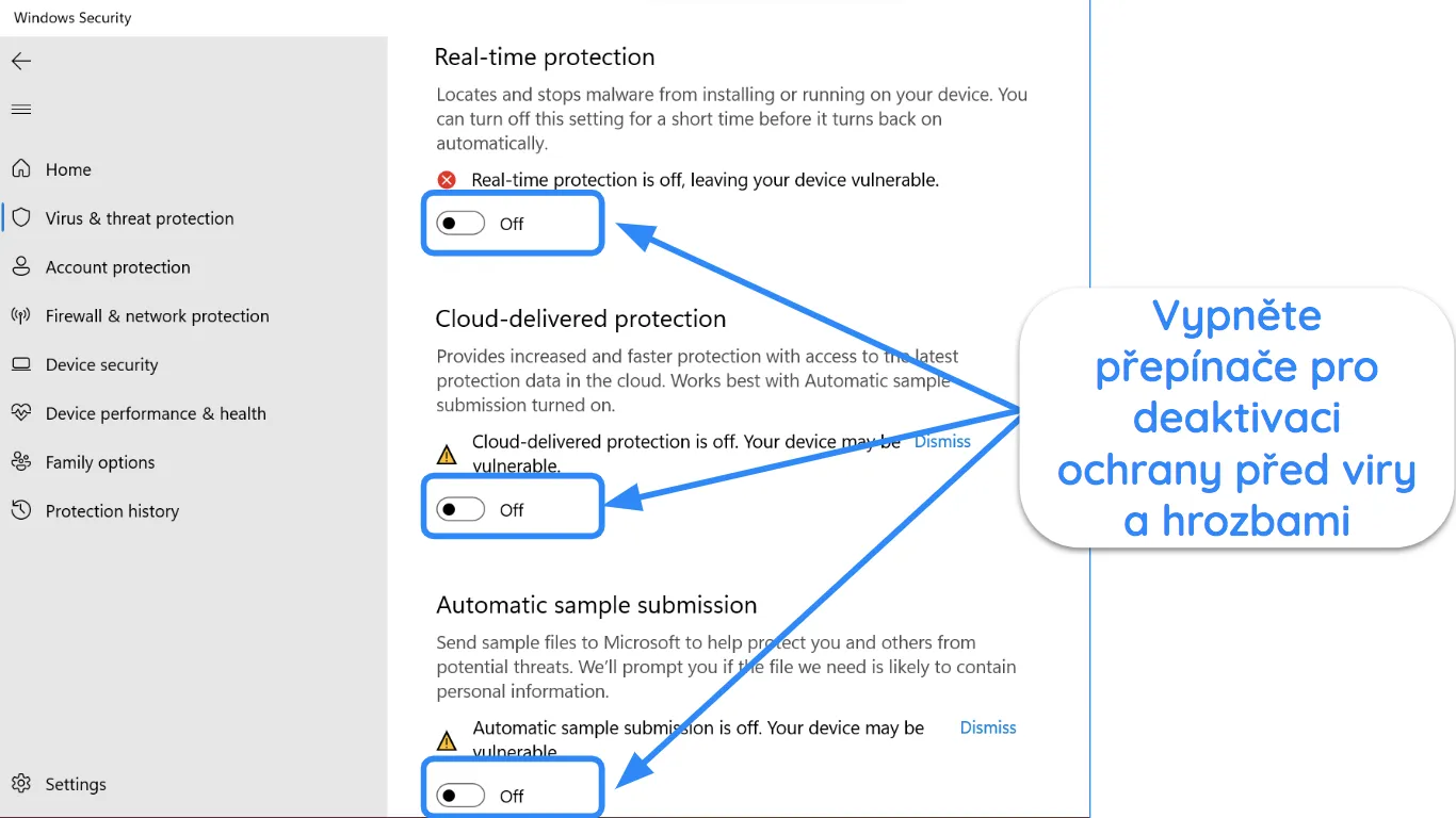 Sn&iacute;mek obrazovky aplikace Zabezpečen&iacute; syst&eacute;mu Windows s vypnutou ochranou proti virům a hrozb&aacute;m.
