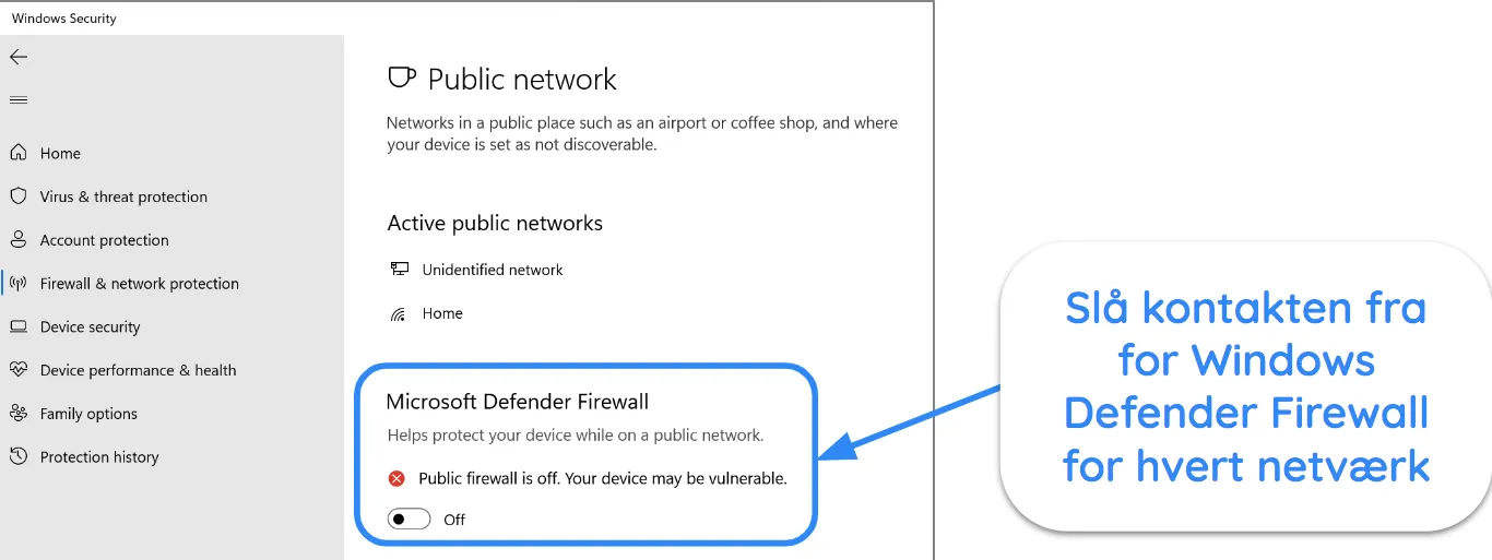 Skærmbillede af Windows Security-appen, der viser Microsoft Defender Firewall slået fra.