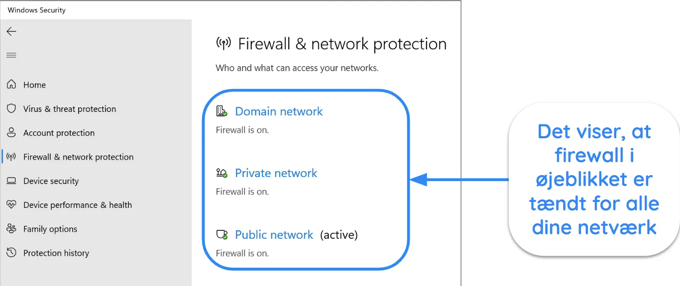 Skærmbillede af Windows Security-app, der viser status for firewall og netværksbeskyttelse.