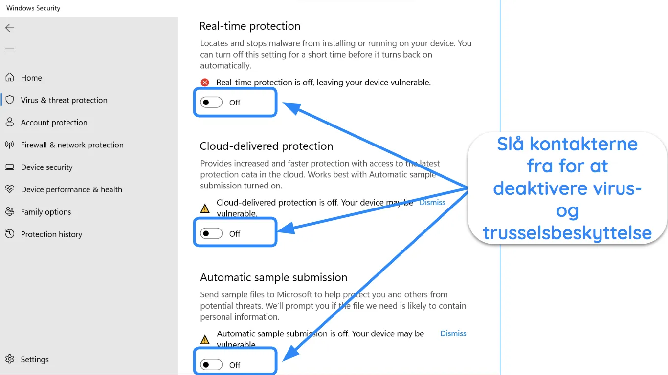 Skærmbillede af Windows Security-appen, der viser beskyttelse mod virus og trusler slået fra.