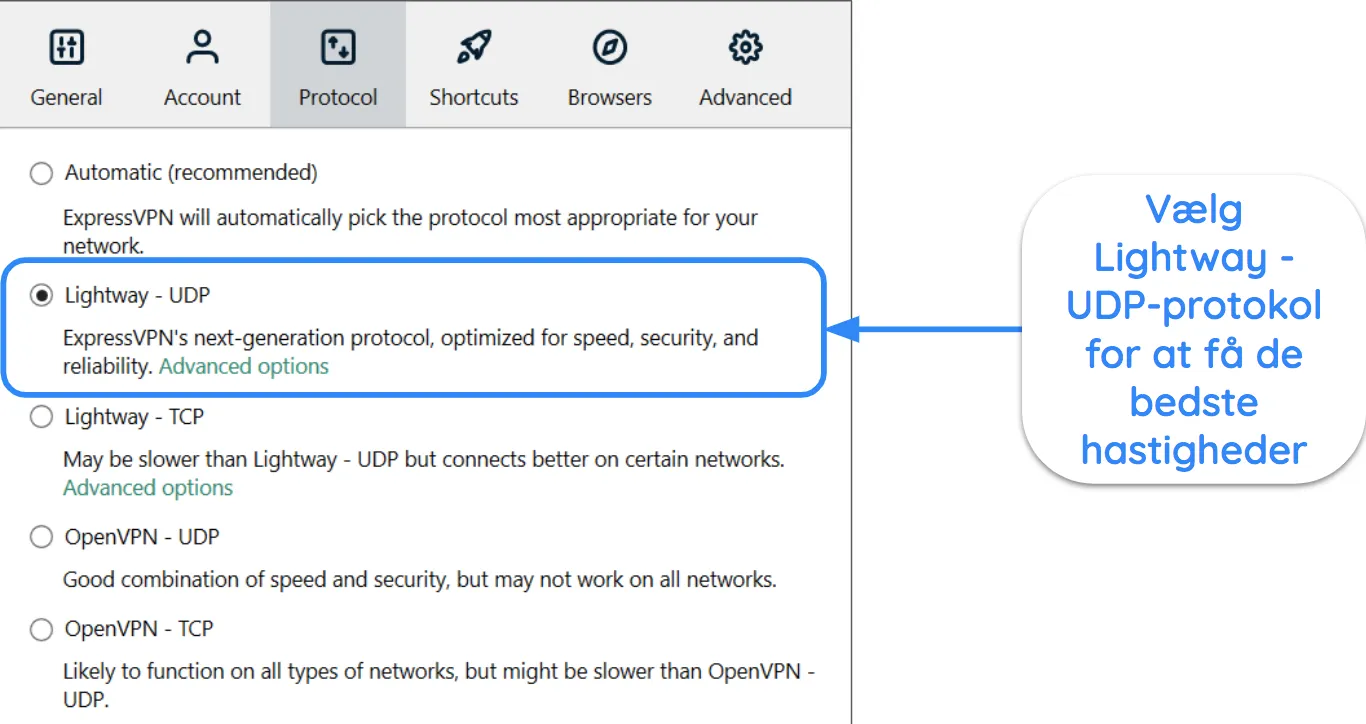Skærmbillede af ExpressVPN-grænseflade, der viser Lightway - UDP-protokol valgt.