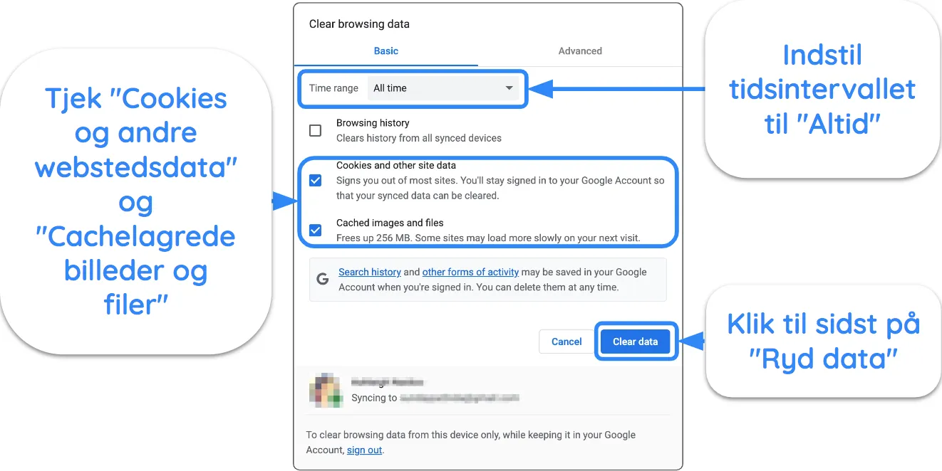 Skærmbillede af Google Chrome, der viser indstillinger for rydning af cache og cookies.
