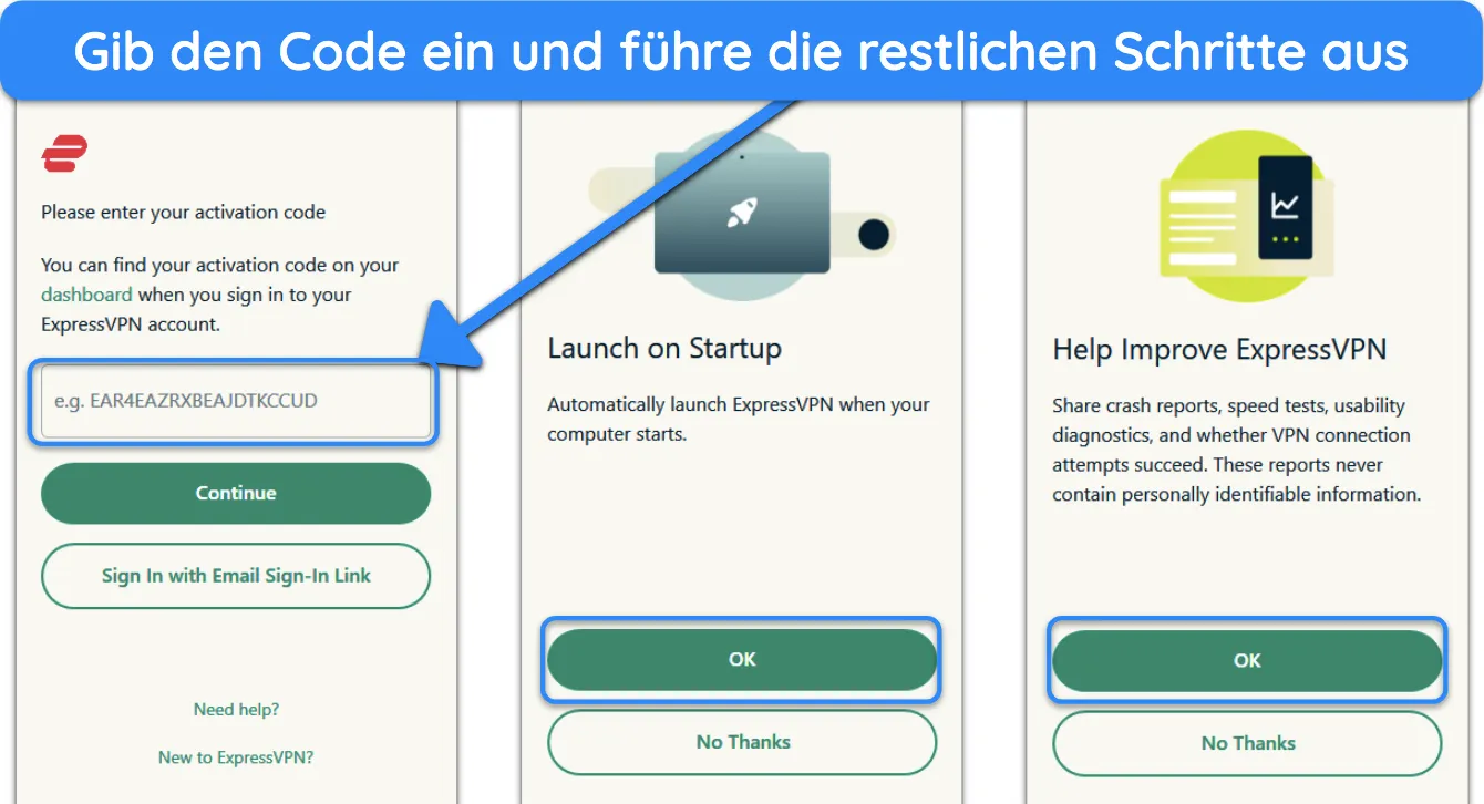Screenshot der Anleitung zum Eingeben des Aktivierungscodes von ExpressVPN und Einrichten der App.