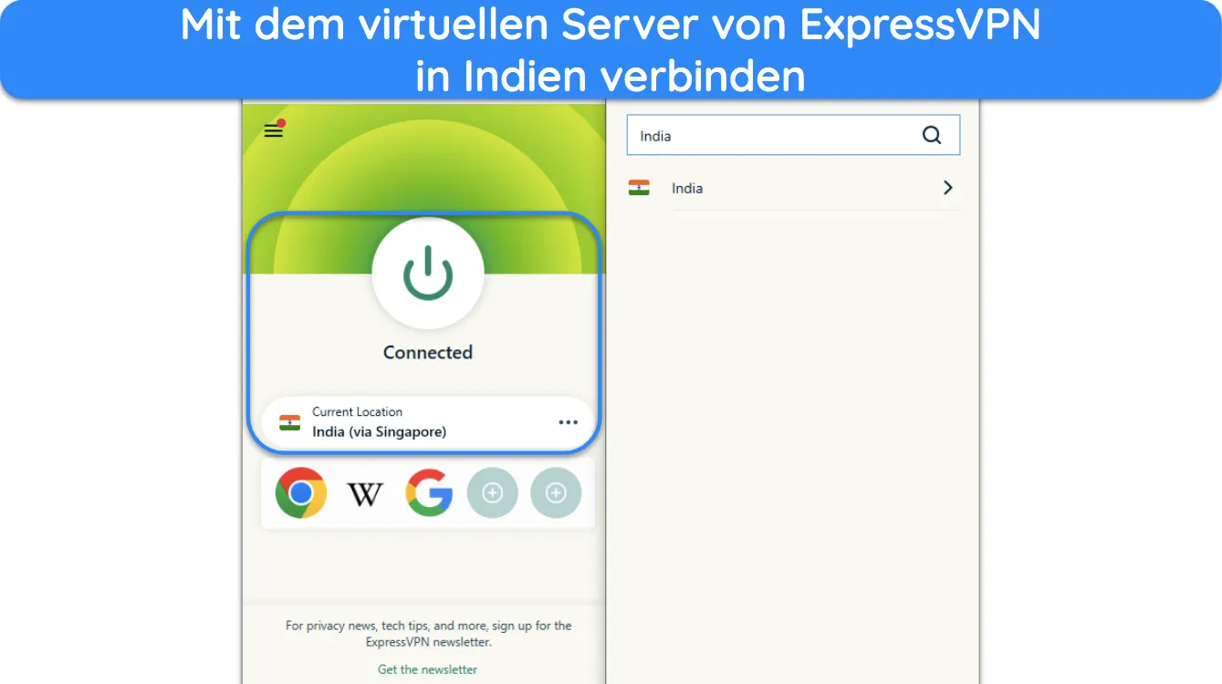 Screenshot von ExpressVPN, das über Singapur mit einem Server in Indien verbunden ist.