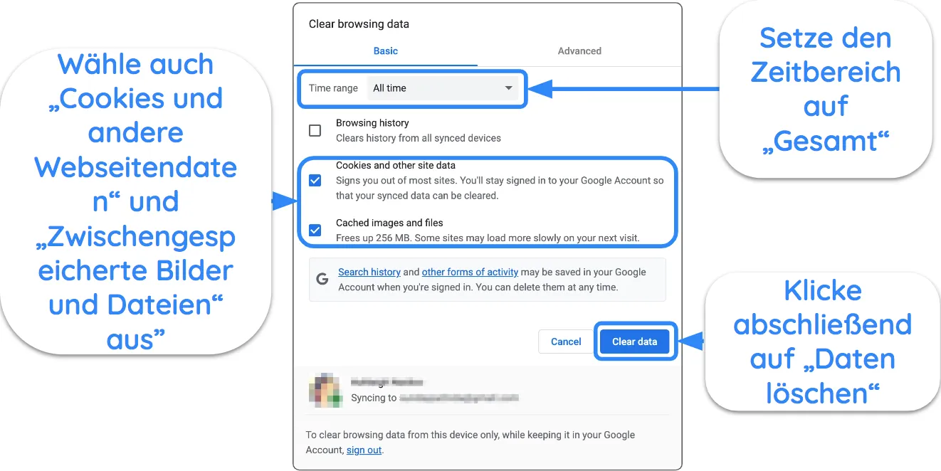 Screenshot von Google Chrome mit den Einstellungen zum Löschen des Caches und der Cookies.